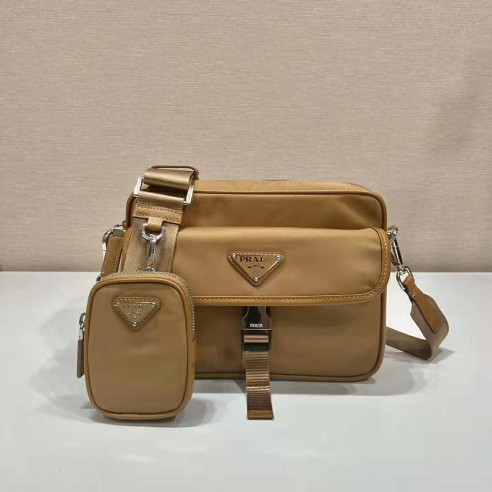 Close-up of silver hardware and Saffiano leather on Prada shoulder bag