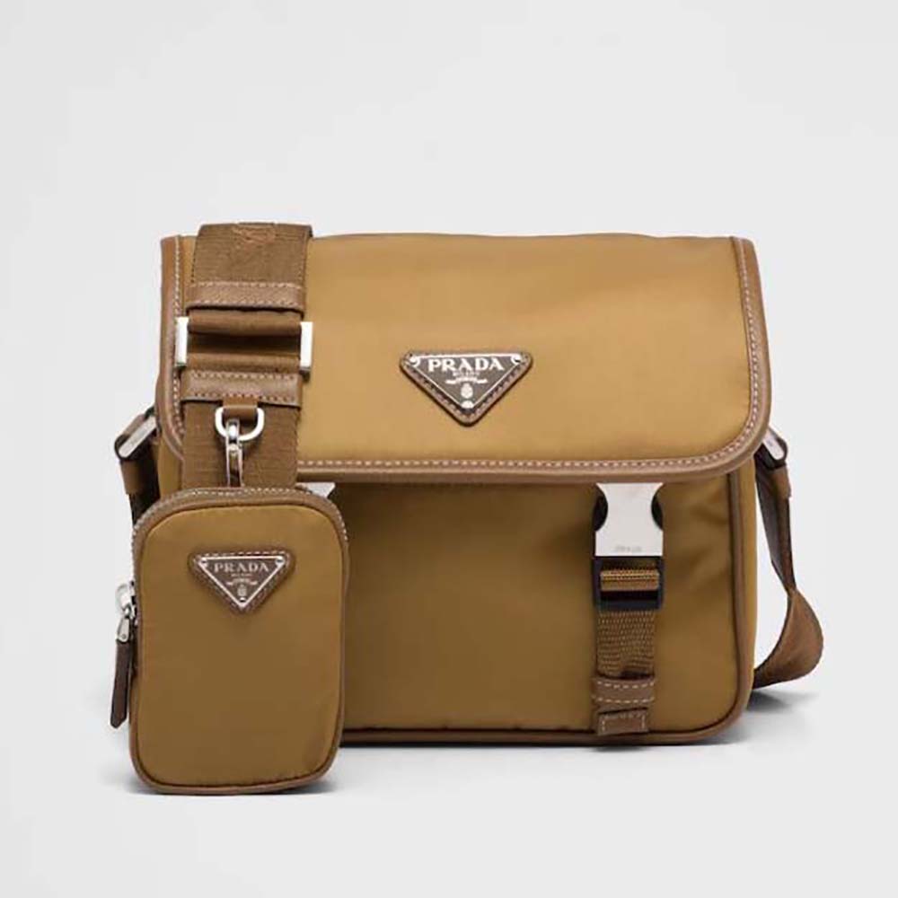 Front view of Prada Men Re-Nylon and Saffiano Leather Shoulder Bag-Brown