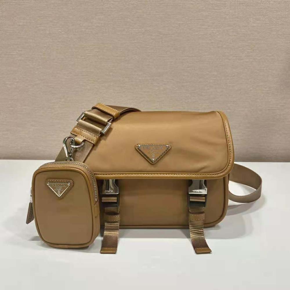 Close-up of brown saffiano leather texture on Prada shoulder bag