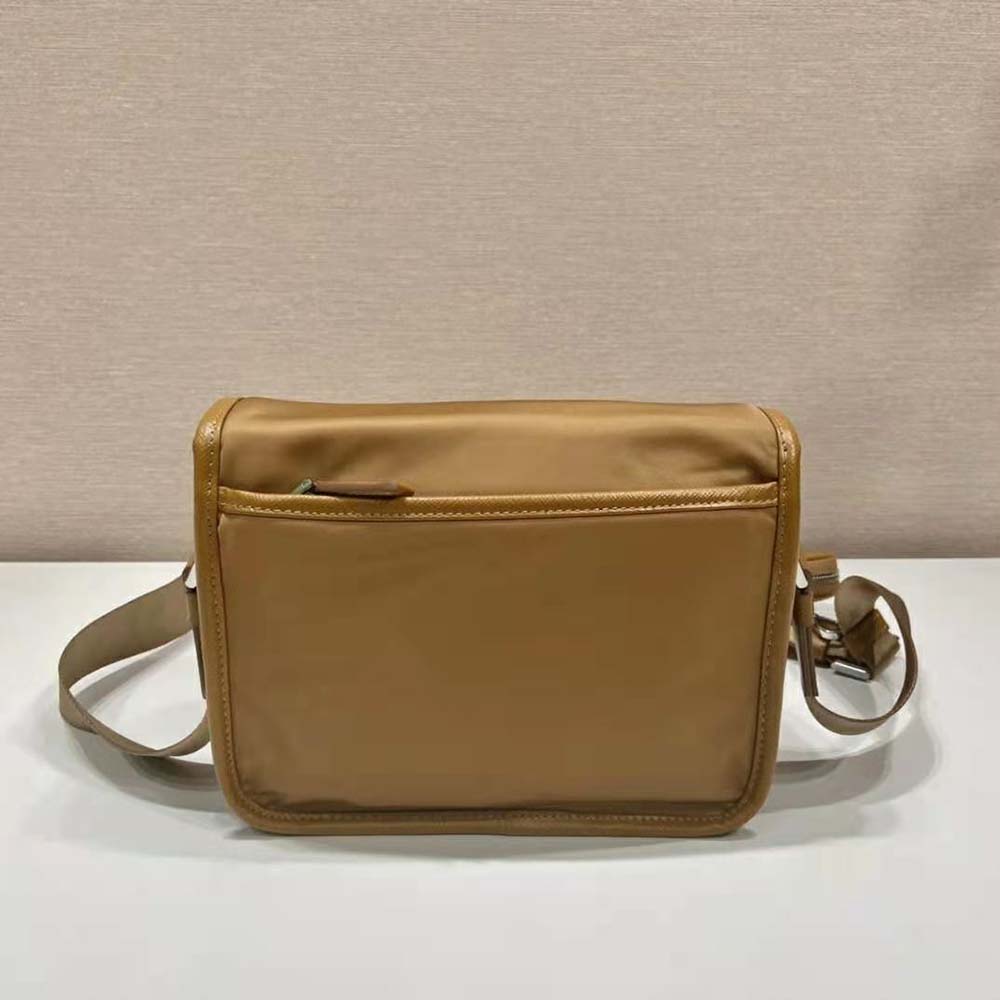 Side angle showing strap and silver hardware on Prada Men Re-Nylon bag