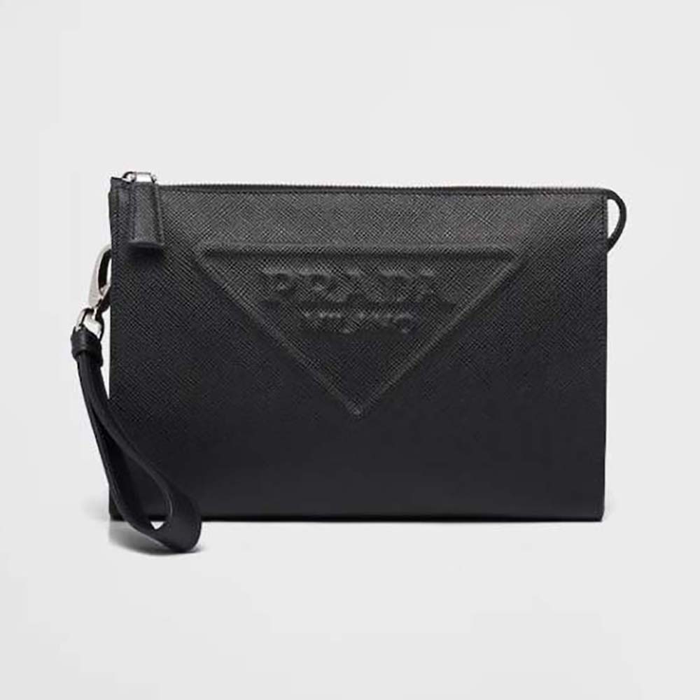 Front view of Prada Men Saffiano Leather Pouch-Black showing zip closure
