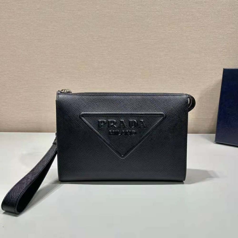 Close-up of Prada Men Saffiano Leather Pouch-Black crosshatch leather texture