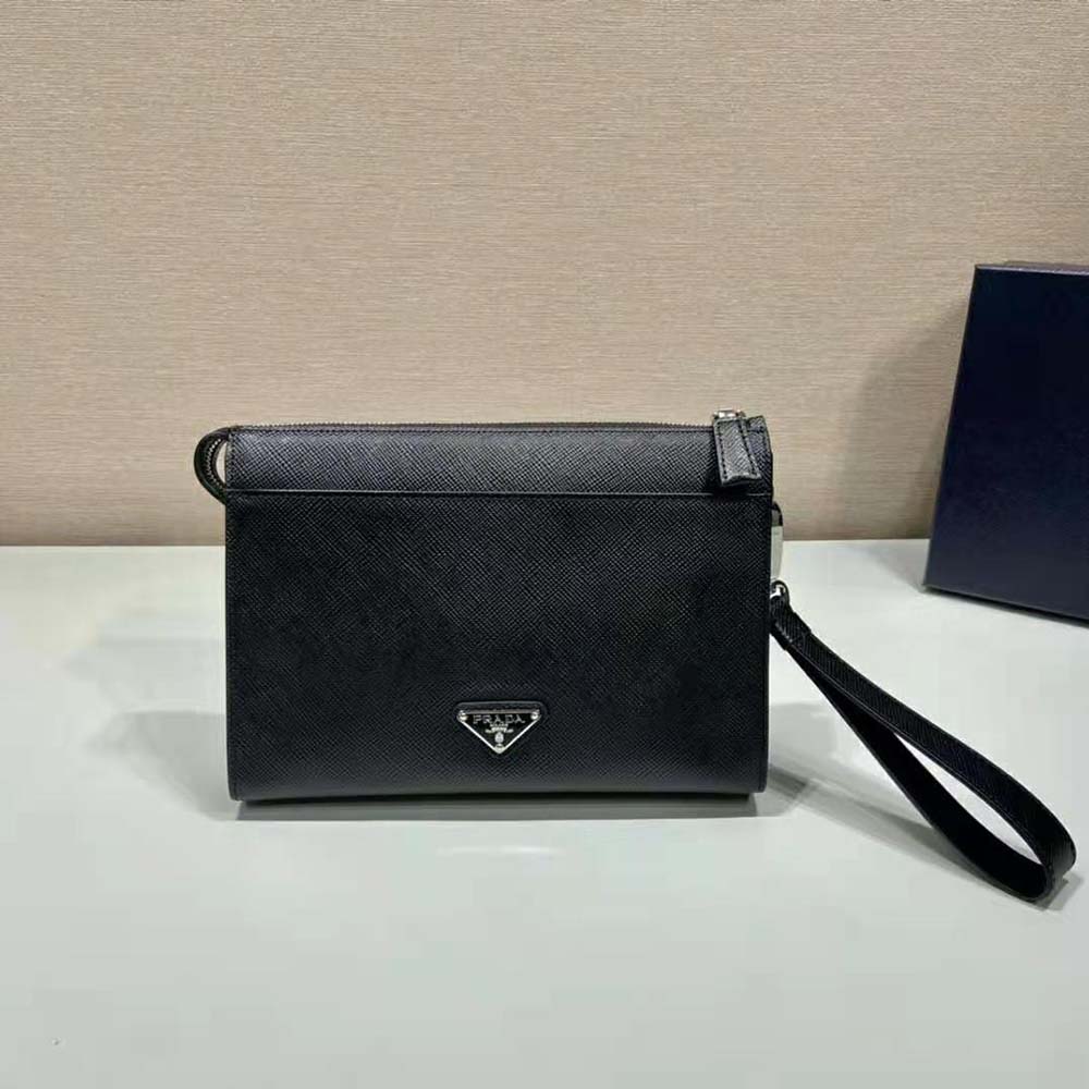 Side angle of Prada Men Saffiano Leather Pouch-Black with silver hardware