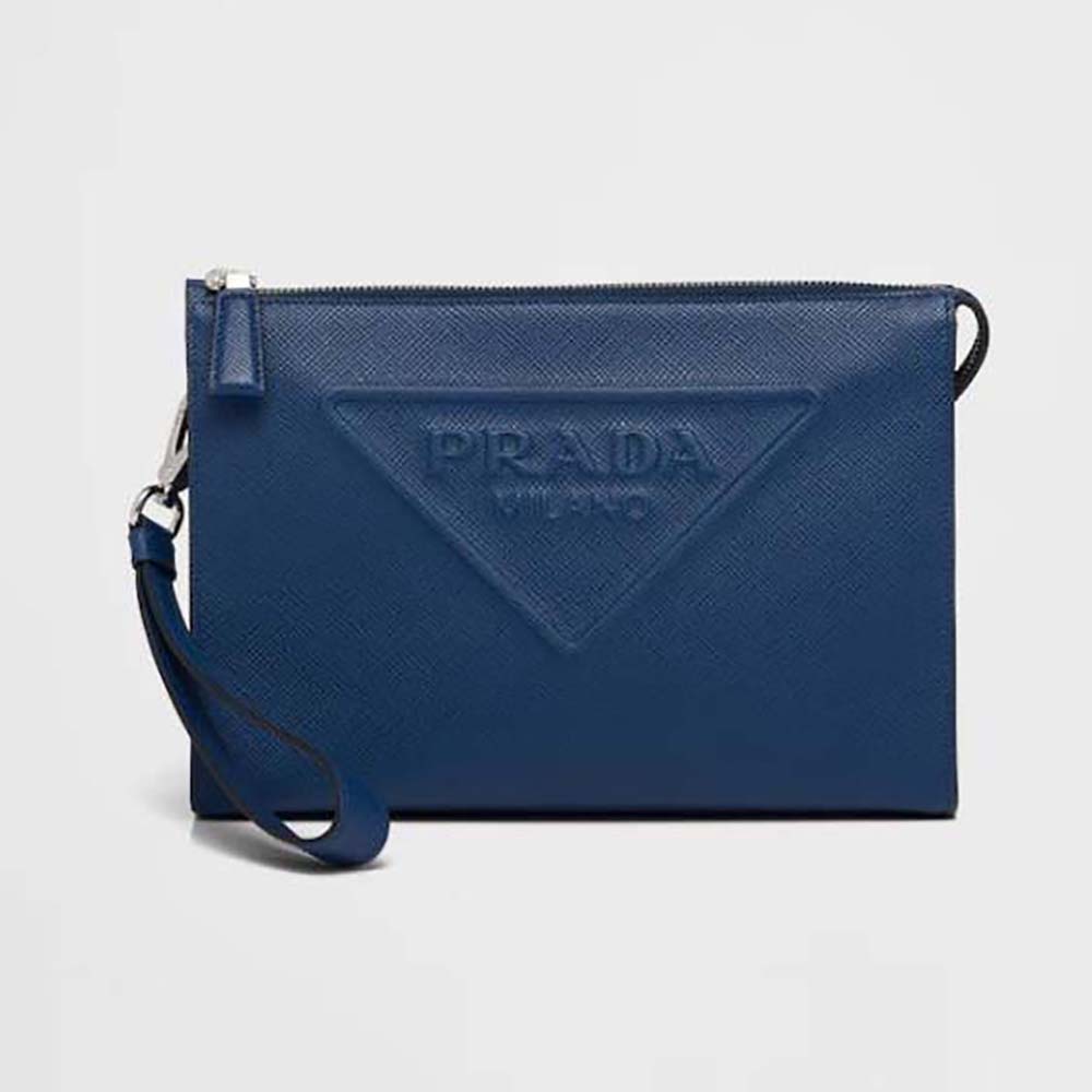 Front view of Prada Men Saffiano Leather Pouch-Navy with zip closed