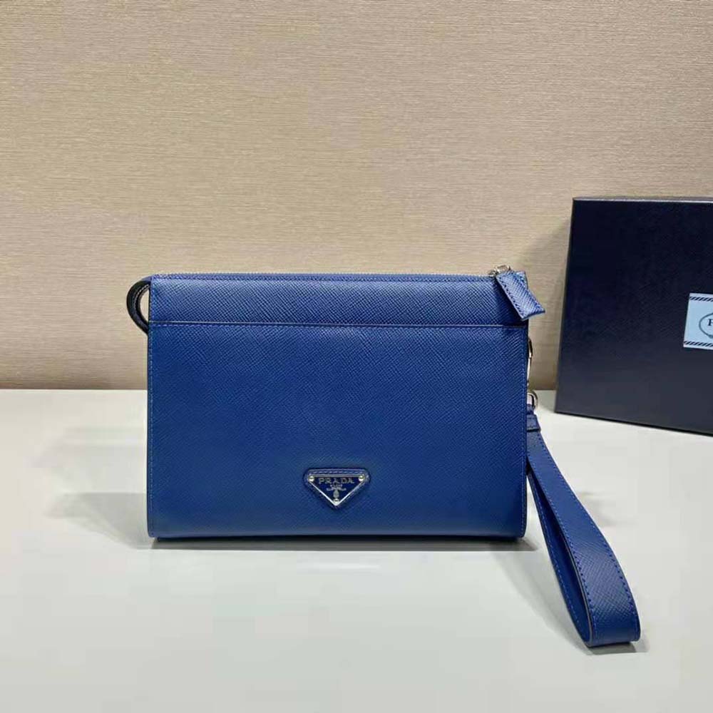 Open Prada Men Saffiano Leather Pouch-Navy showing interior lining and zipper