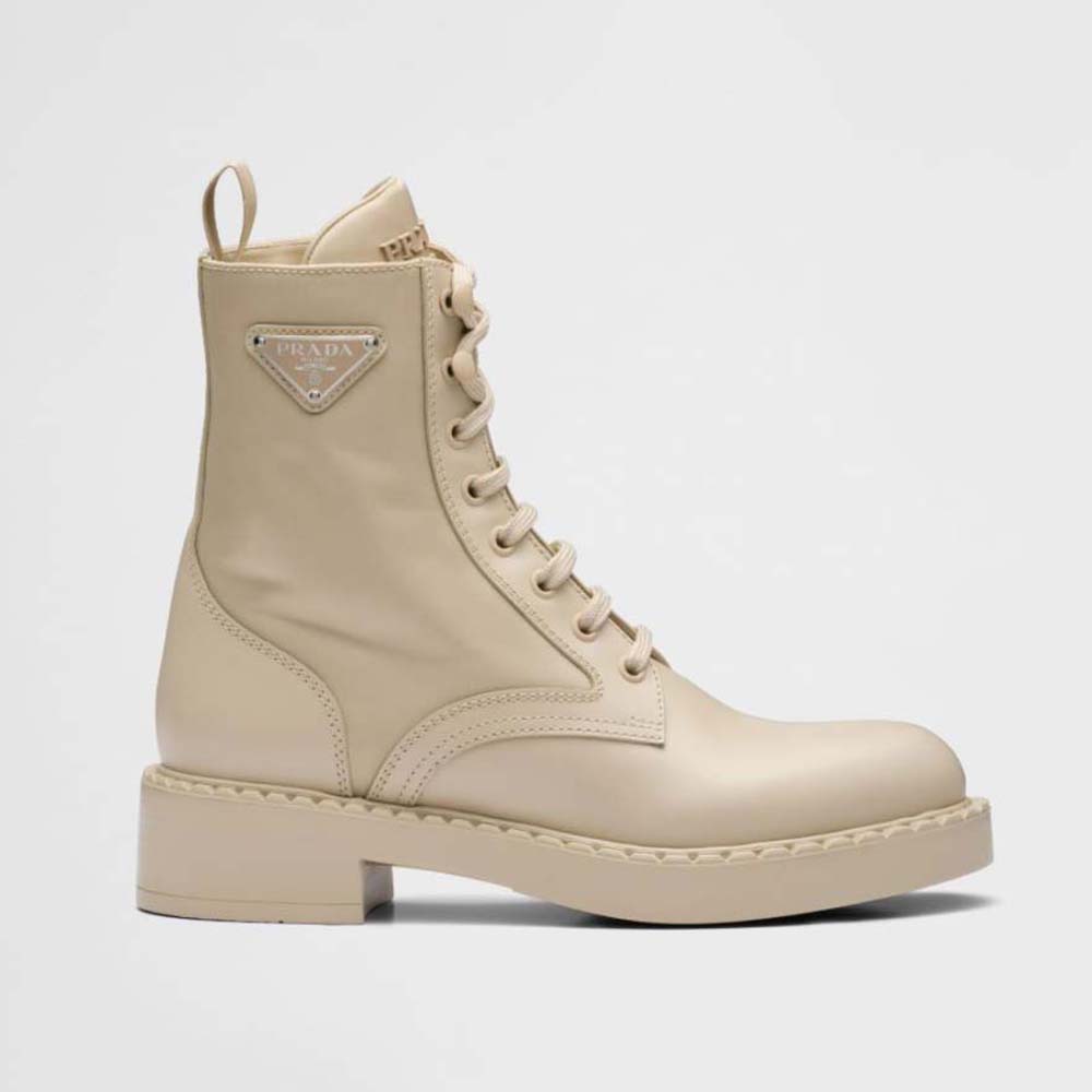 Side view of Prada Women Brushed-Leather and Re-Nylon Boots in beige