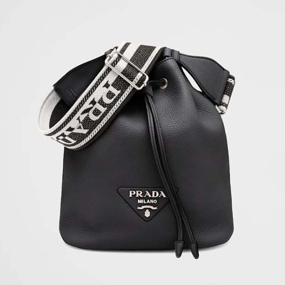 Front view of Prada Women Leather Bucket Bag with Soft Silhouette-Black