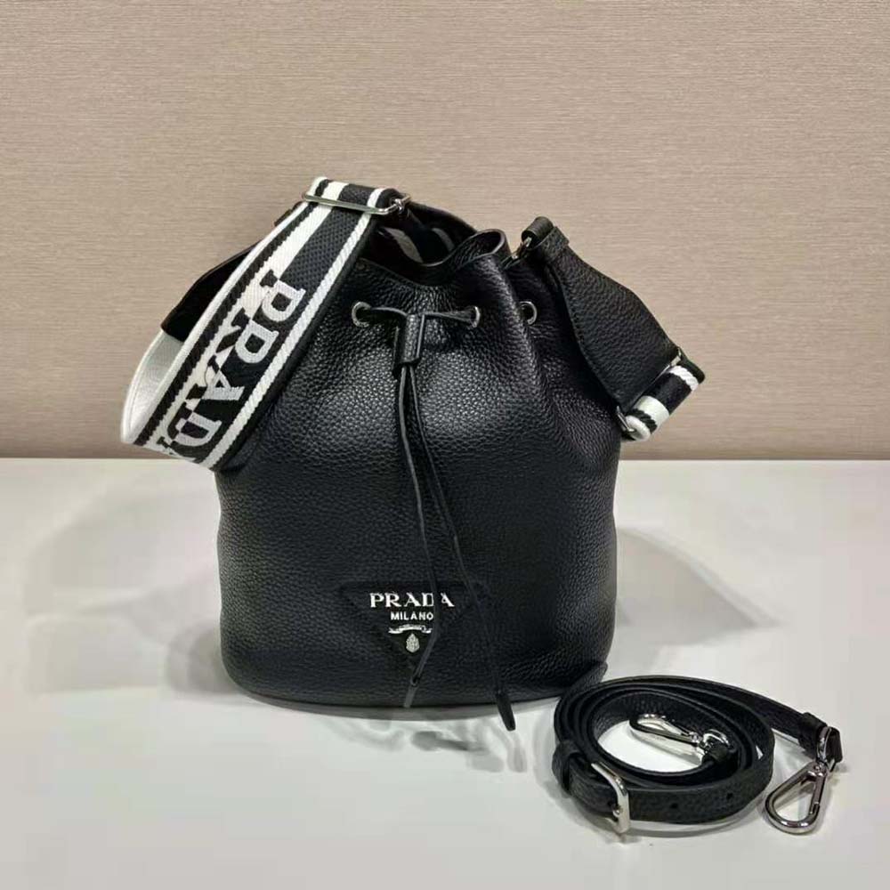 Close-up of silver hardware and drawstring on Prada Women Leather Bucket Bag