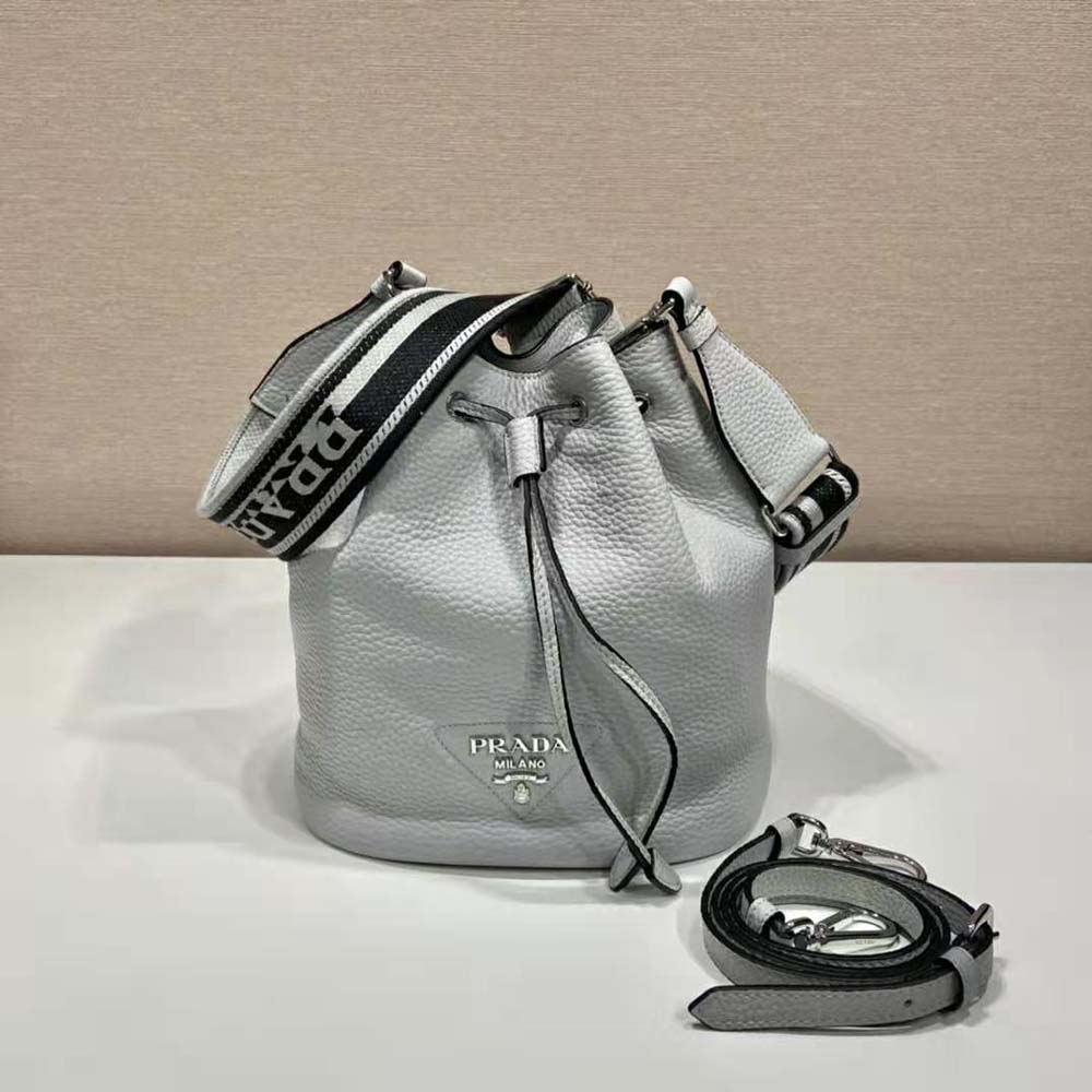 Close-up of silver-tone hardware on Prada Women Leather Bucket Bag with A Soft Silhouette-Blue