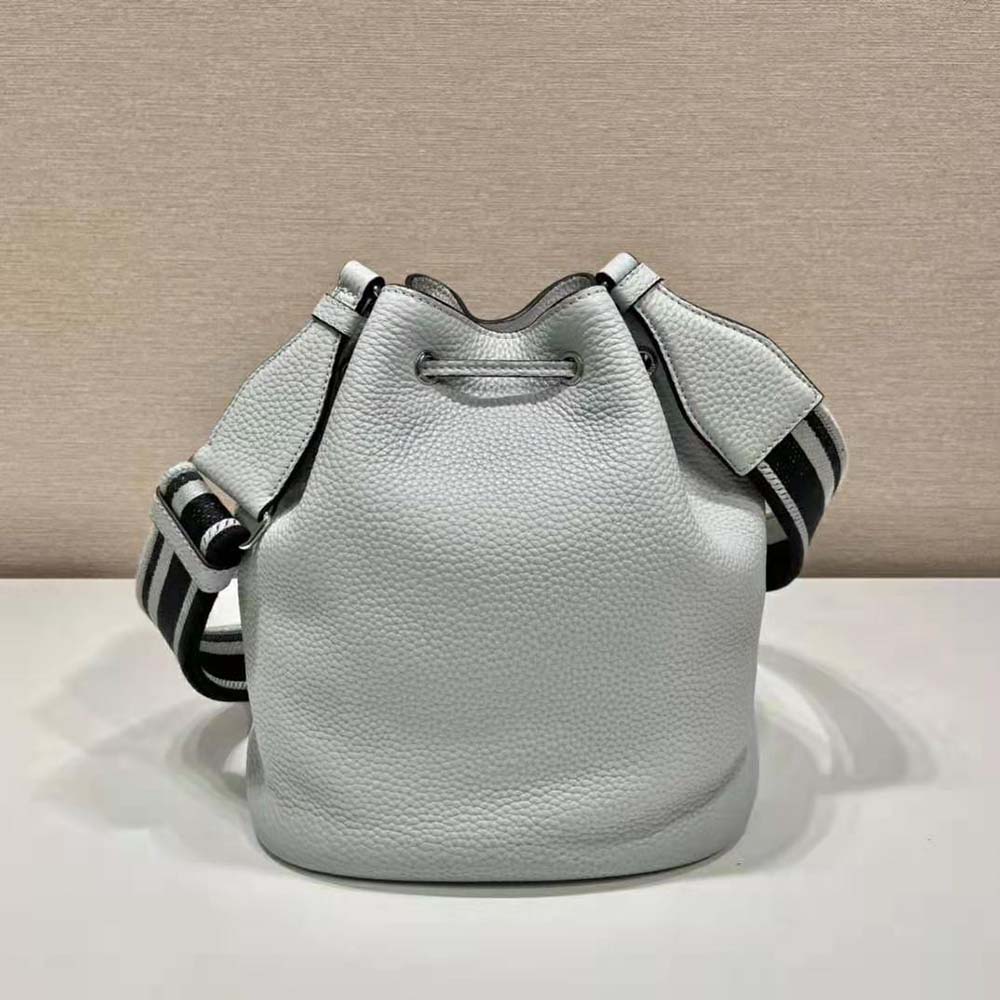 Side angle showing soft silhouette of Prada Women Leather Bucket Bag with A Soft Silhouette-Blue