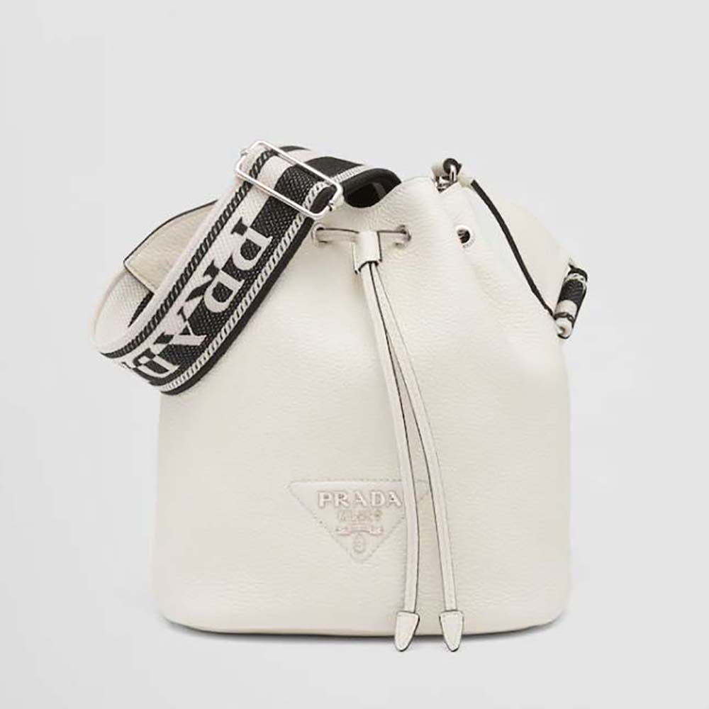 Front view of Prada Women Leather Bucket Bag with A Soft Silhouette-White