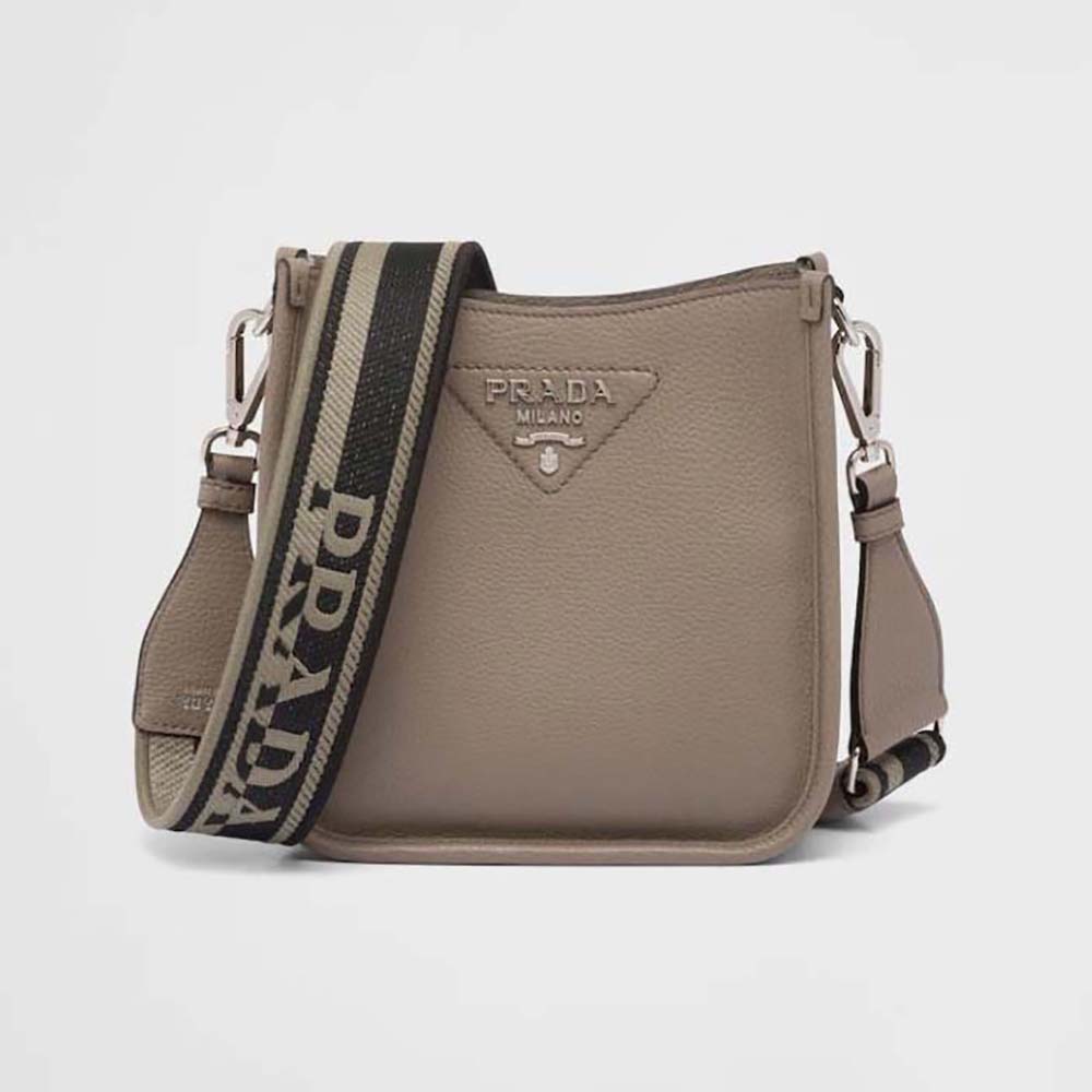 Front view of Prada Unisex Leather Mini Shoulder Bag-Grey highlighting logo