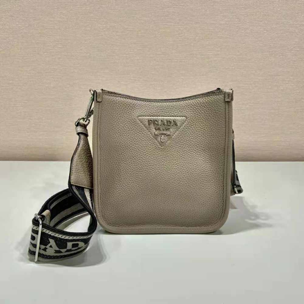 Side angle showing slim profile of Prada Unisex Leather Mini Shoulder Bag-Grey