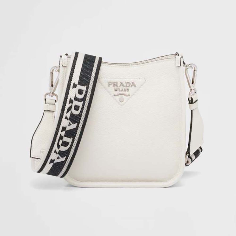 Front view of Prada Unisex Leather Mini Shoulder Bag-White with logo