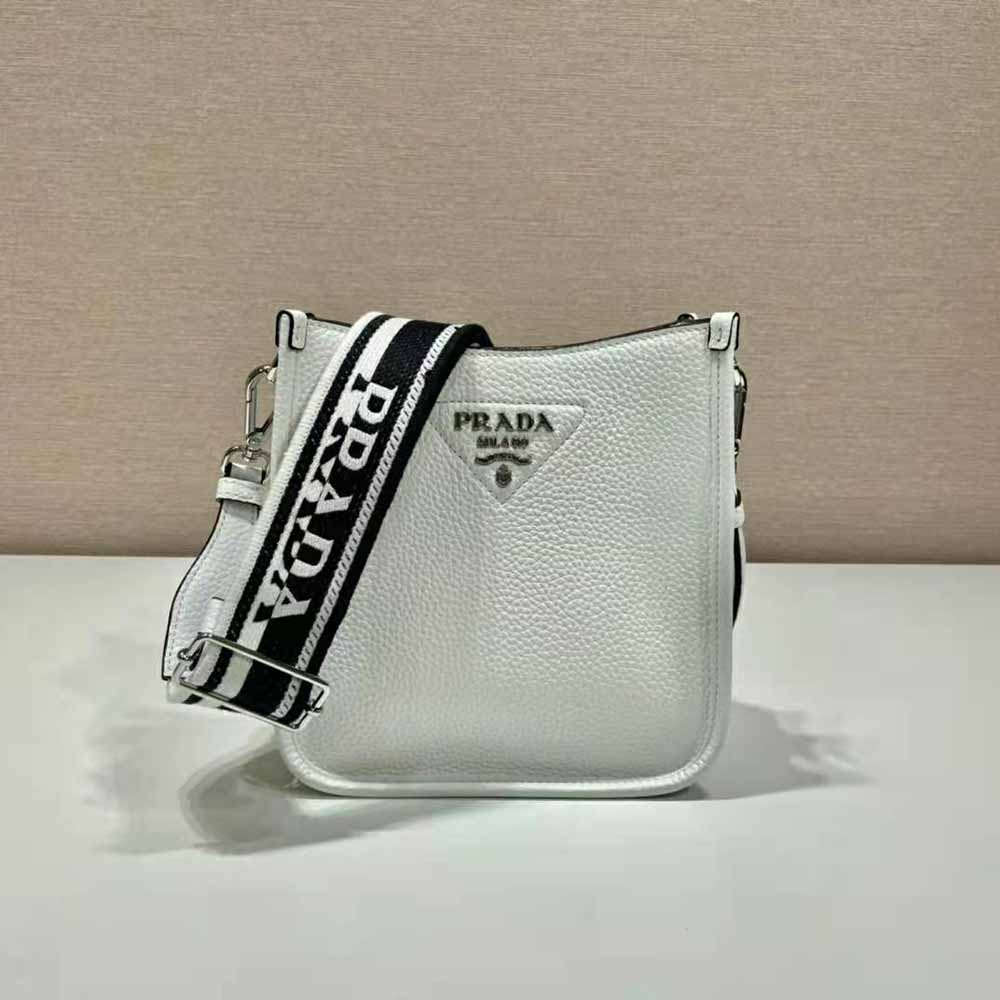 Close-up of silver hardware on Prada Unisex Leather Mini Shoulder Bag-White