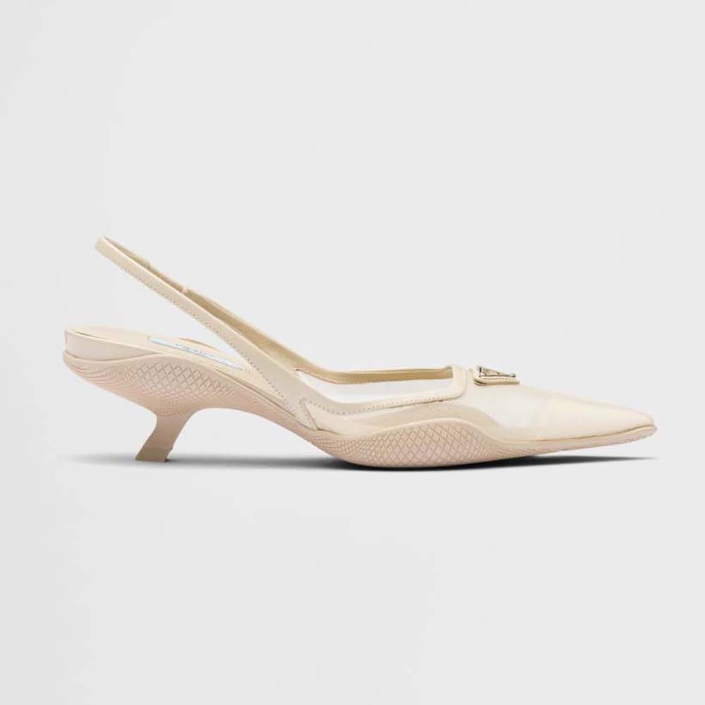 Front side angle of Prada Women Mesh Fabric Slingback Pumps-Beige showing pointed toe