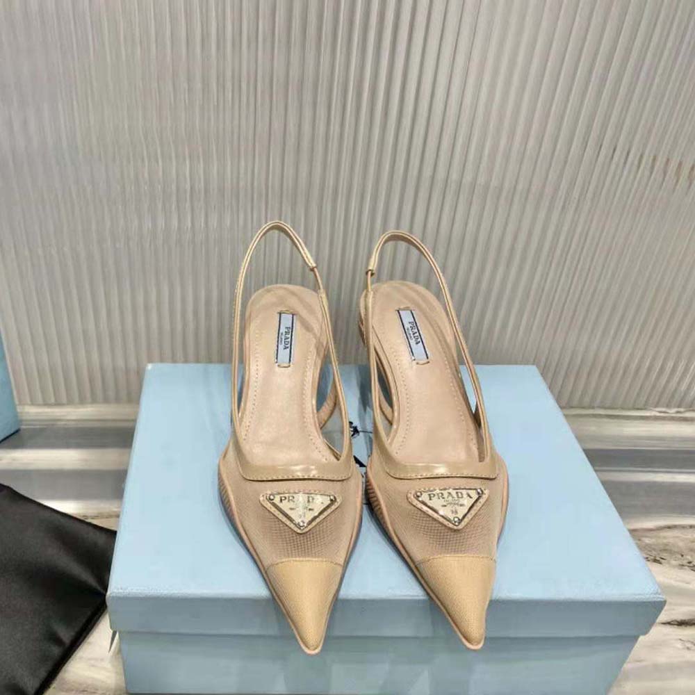 Close-up of beige mesh fabric and leather trim on Prada Women Slingback Pumps