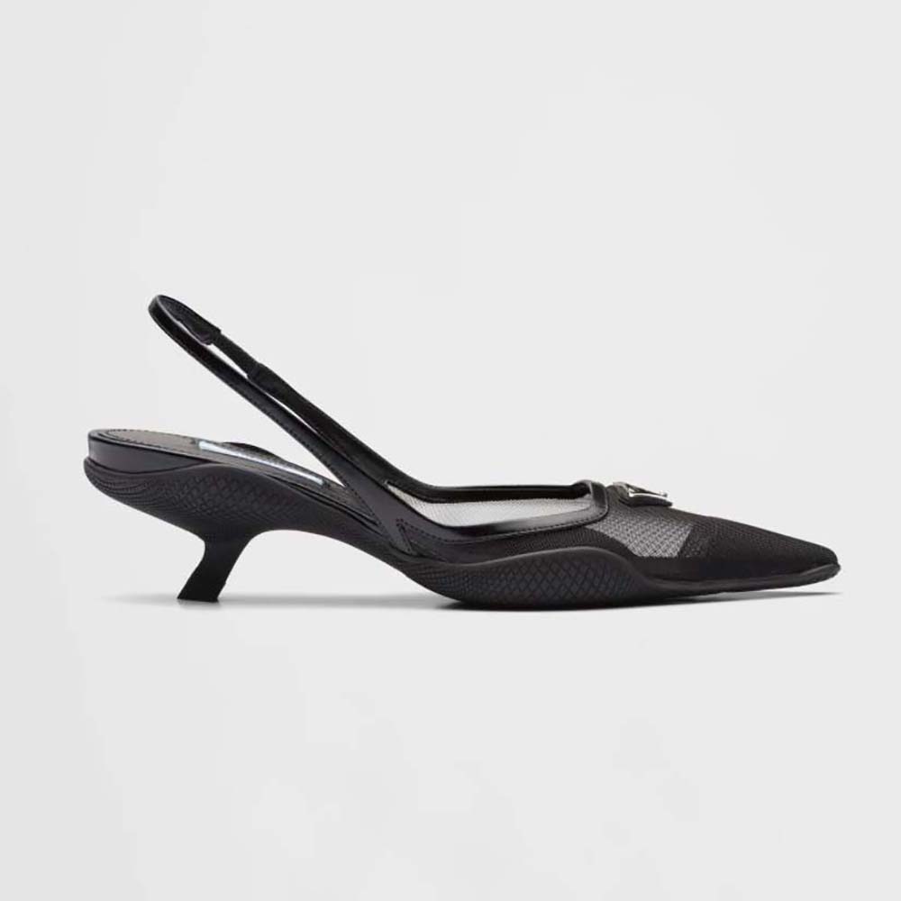 Side view of Prada Women Mesh Fabric Slingback Pumps-Black showing silhouette