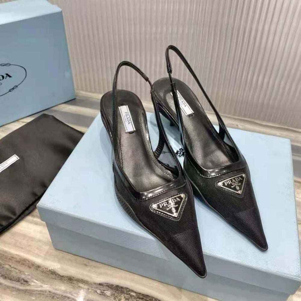 Rear angle of Prada Women Mesh Fabric Slingback Pumps-Black highlighting heel