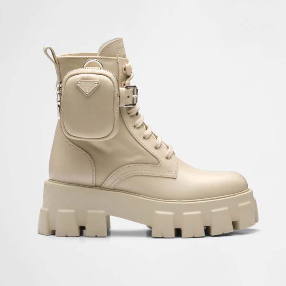 Side view of Prada Women Monolith Leather and Nylon Fabric Boots in beige
