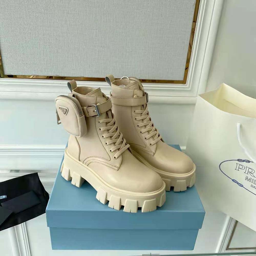 Top angle showing nylon fabric and leather mix on Prada Women Monolith Boots