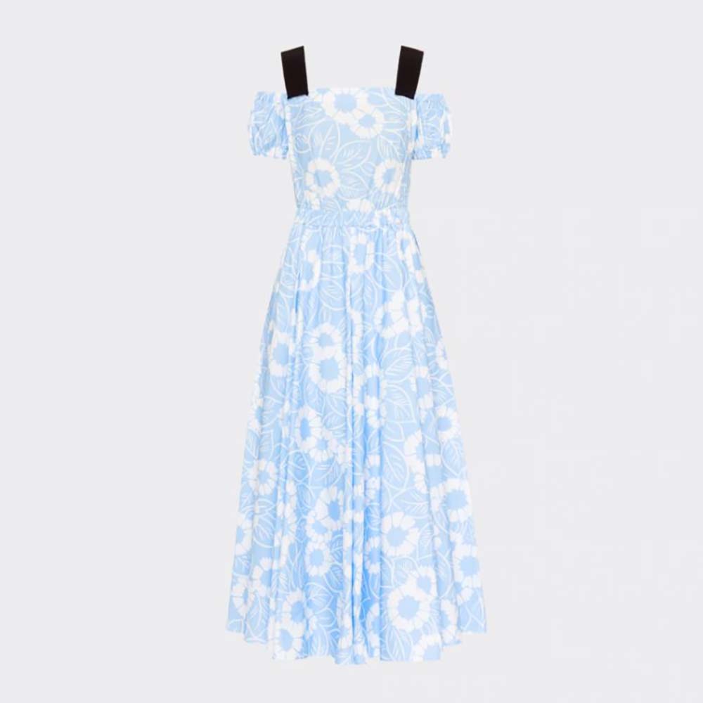 Front view of Prada Women Printed Poplin Dress-Blue highlighting print