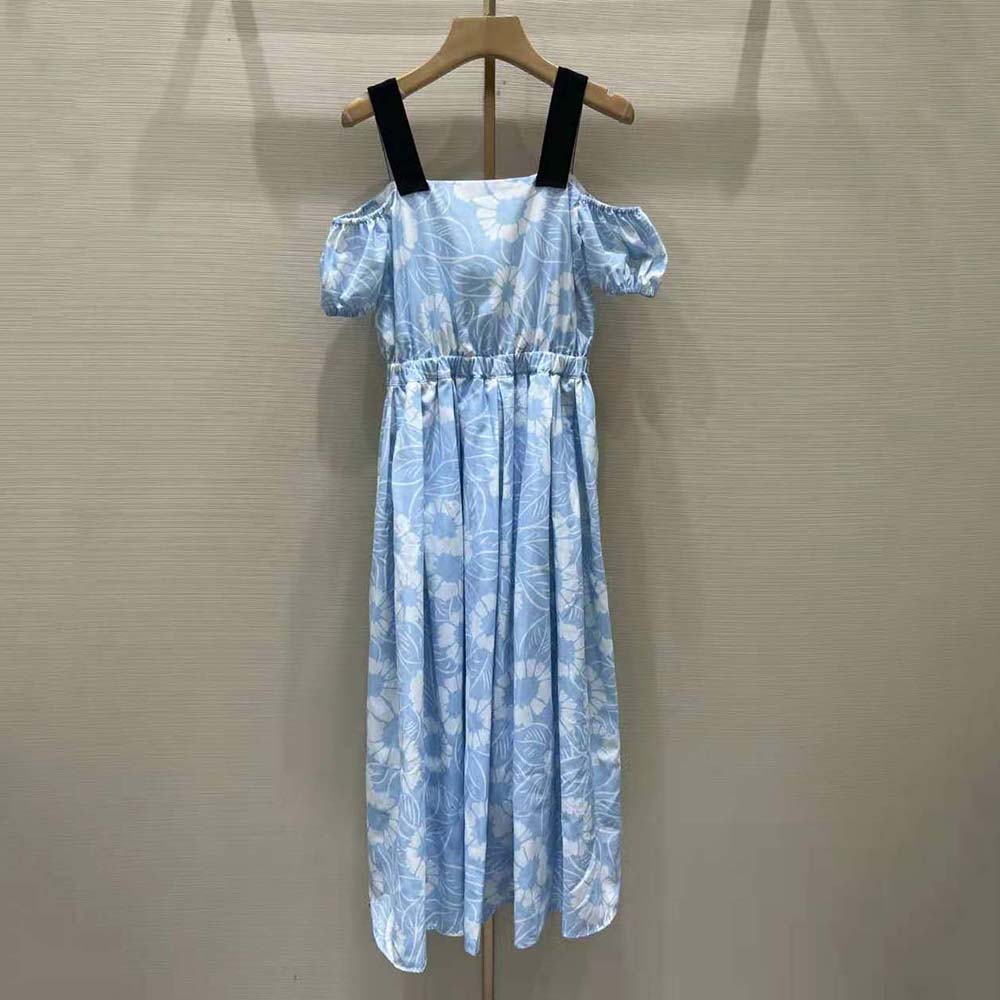 Close-up detail of buttons on Prada Women Printed Poplin Dress-Blue