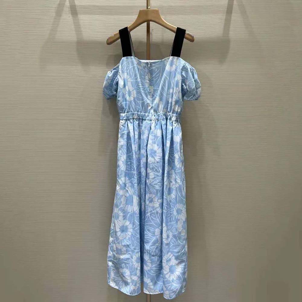 Side profile of Prada Women Printed Poplin Dress-Blue showing silhouette