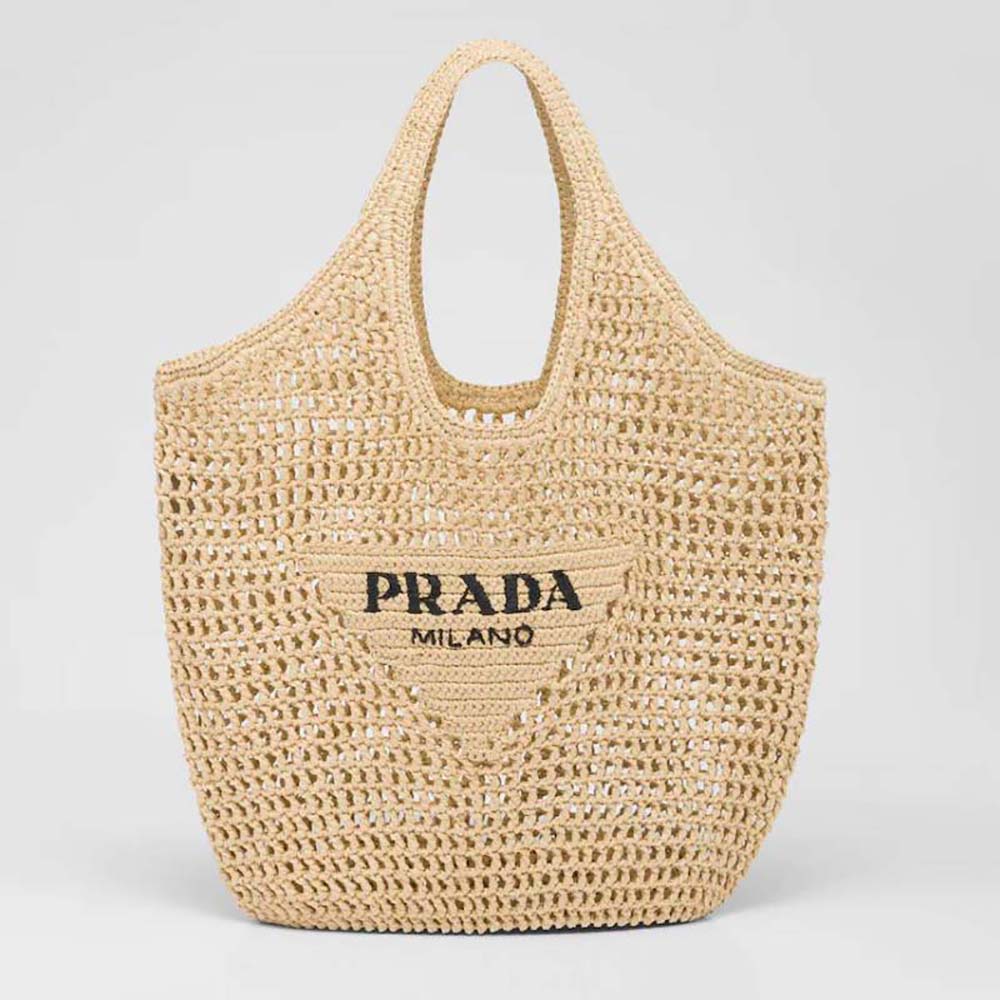 Front view of Prada Women Raffia Tote Bag with gold logo