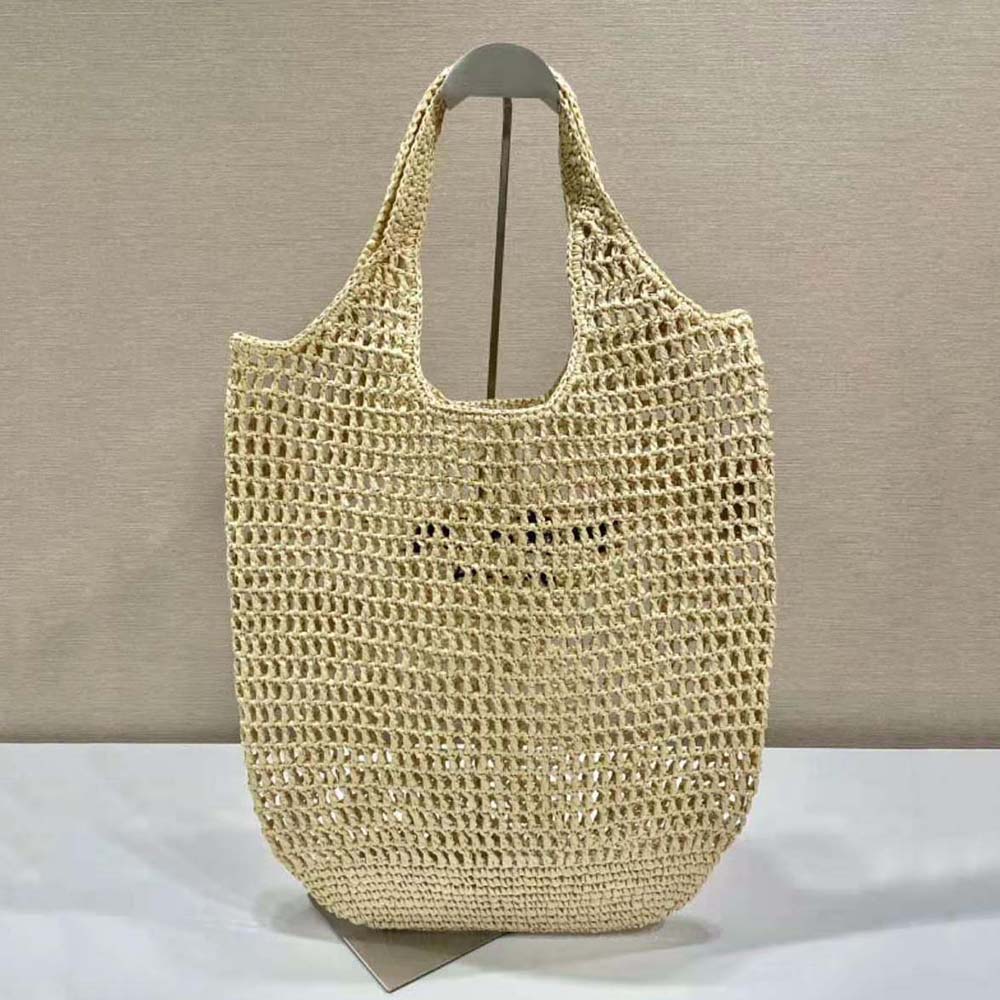 Side angle showing spacious interior of Prada Women Raffia Tote Bag