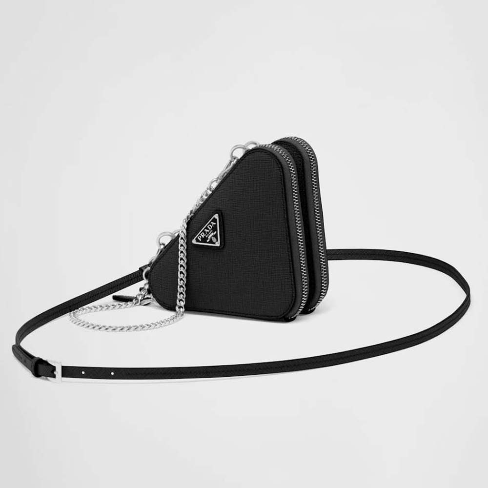 Front view of Prada Women Saffiano Leather Mini Pouch-Black with zipper
