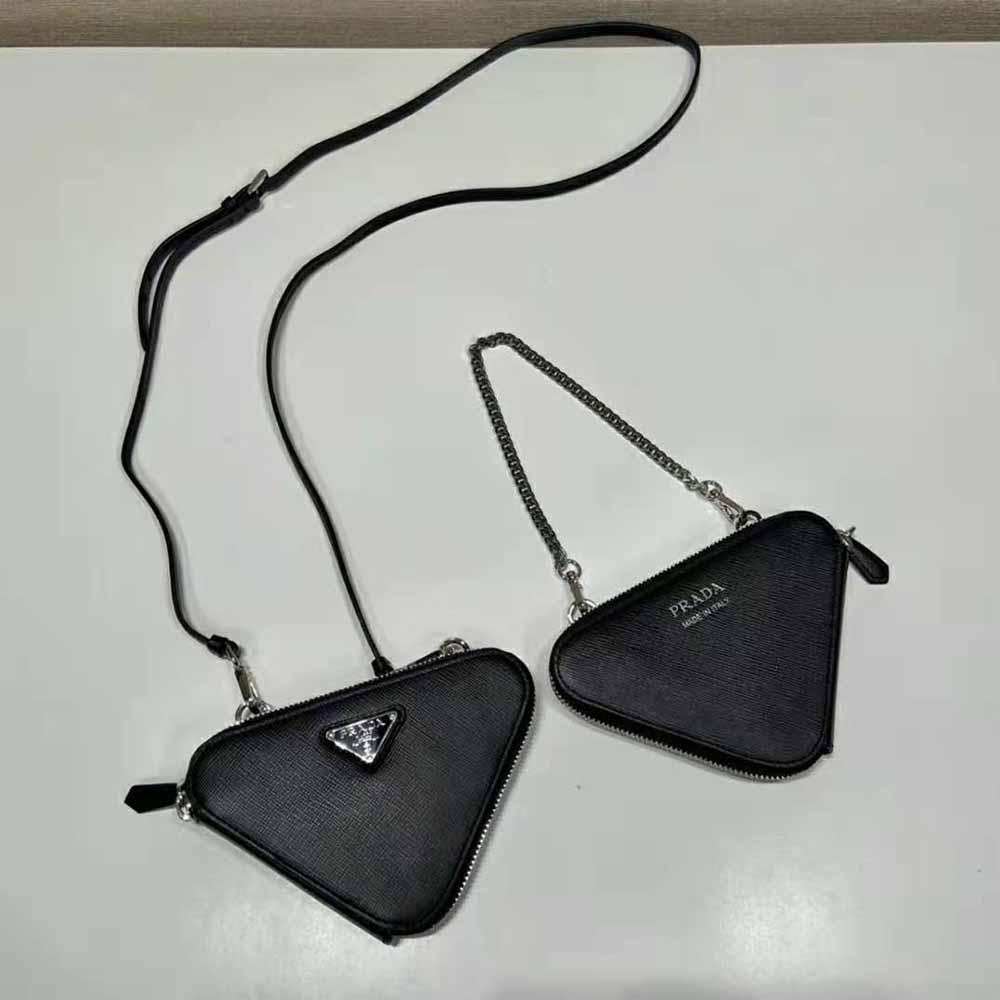 Side angle showing silver hardware on Prada Women Saffiano Leather Mini Pouch-Black