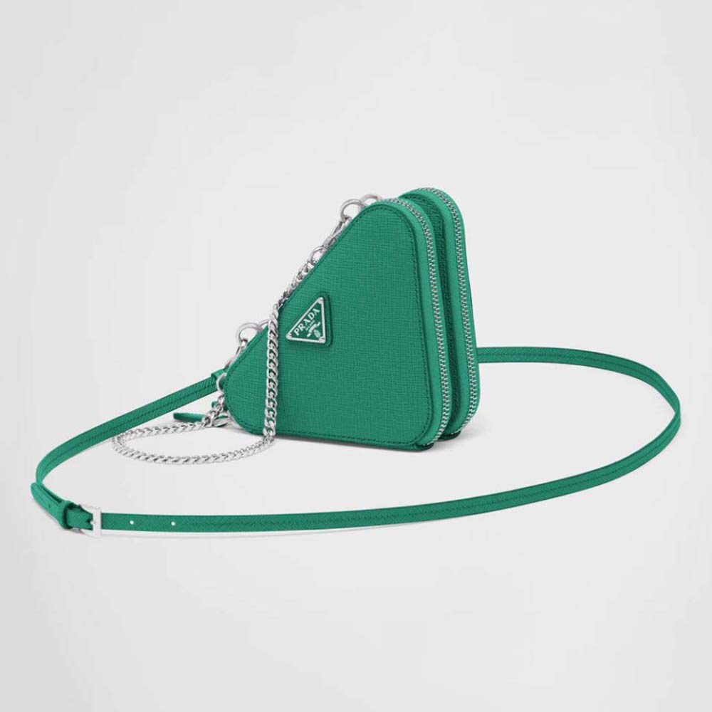 Front view of Prada Women Saffiano Leather Mini Pouch-Green with gold clasp