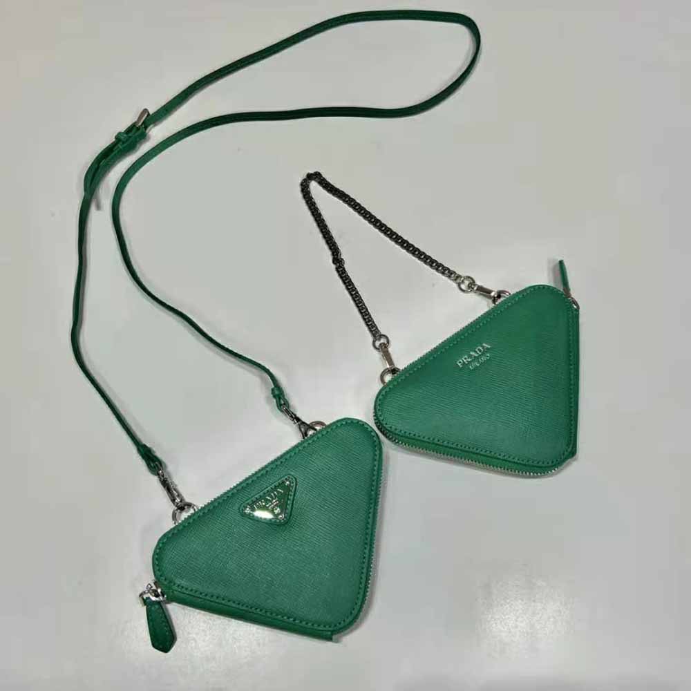 Side angle showing compact silhouette of Prada Women Saffiano Leather Mini Pouch-Green