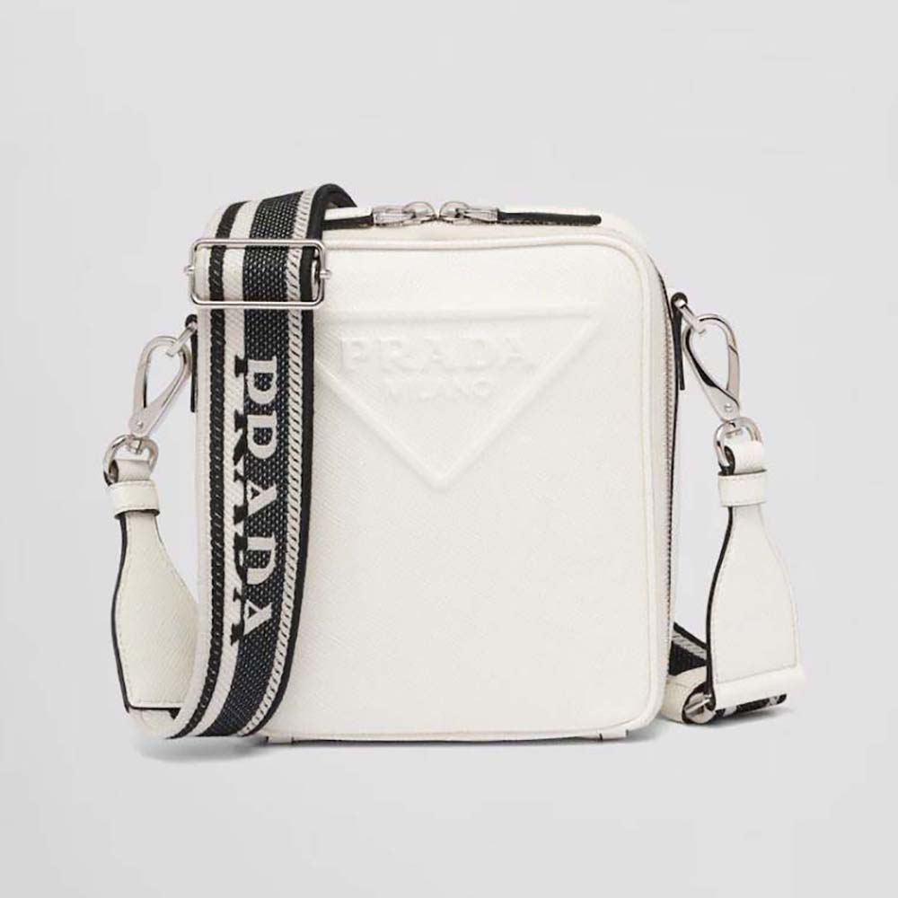 Prada Men Saffiano Leather Shoulder Bag with Sleek-White