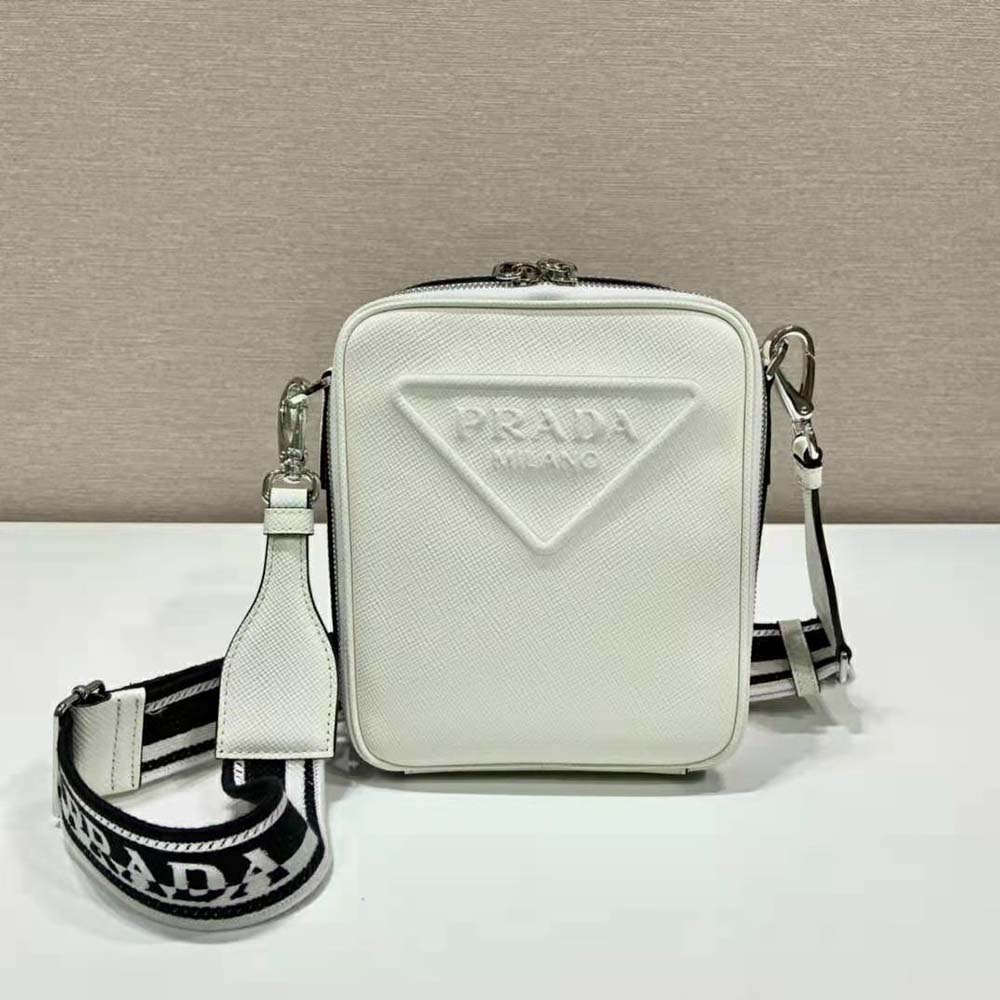 Close-up of silver hardware on Prada Men Saffiano Leather Shoulder Bag with Sleek-White