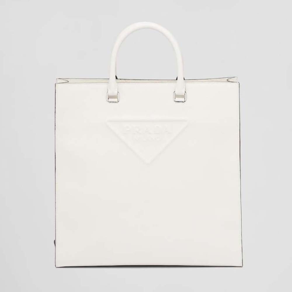 Front view of Prada Women Saffiano Leather Tote Bag in sleek white