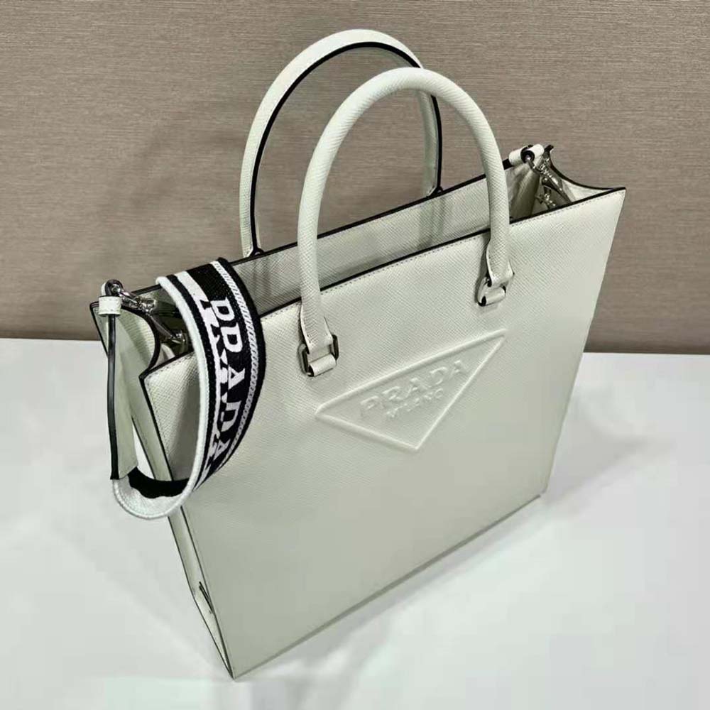 Prada Women Saffiano Leather Tote Bag with Sleek-White - image 5