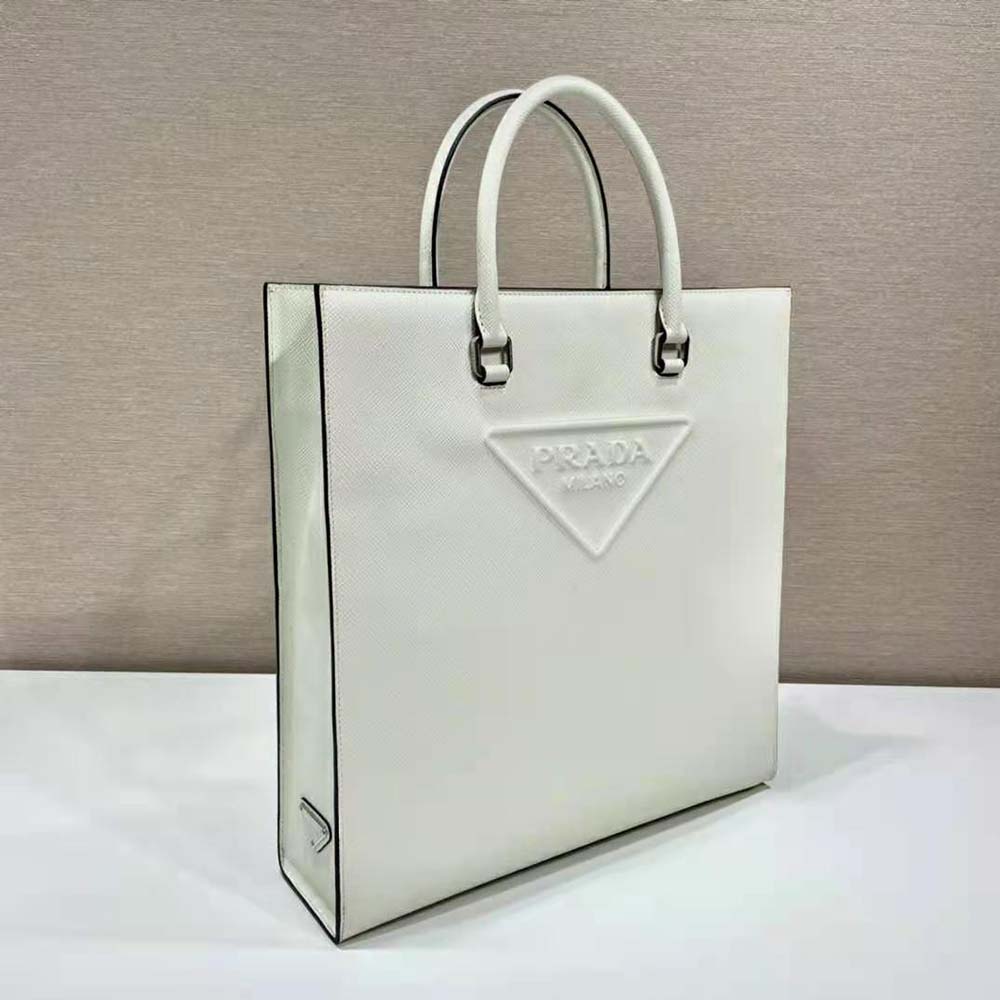Prada Women Saffiano Leather Tote Bag with Sleek-White - image 4