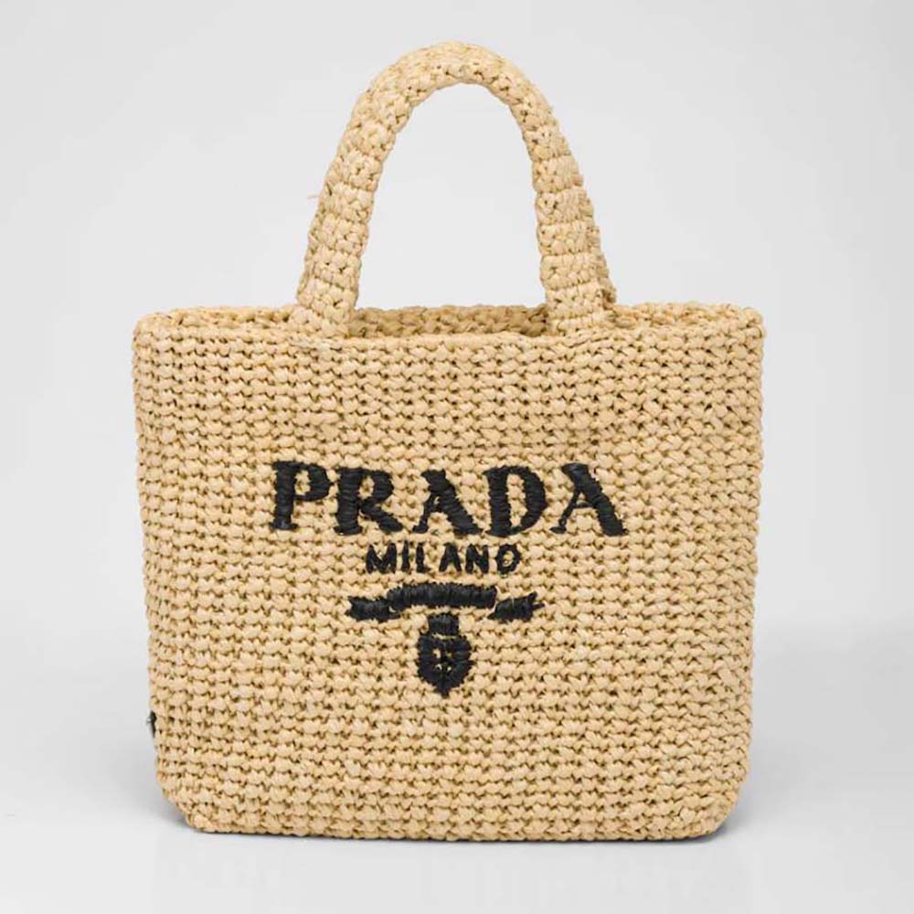 Front view of Prada Women Small Raffia Tote Bag-Natural with gold hardware