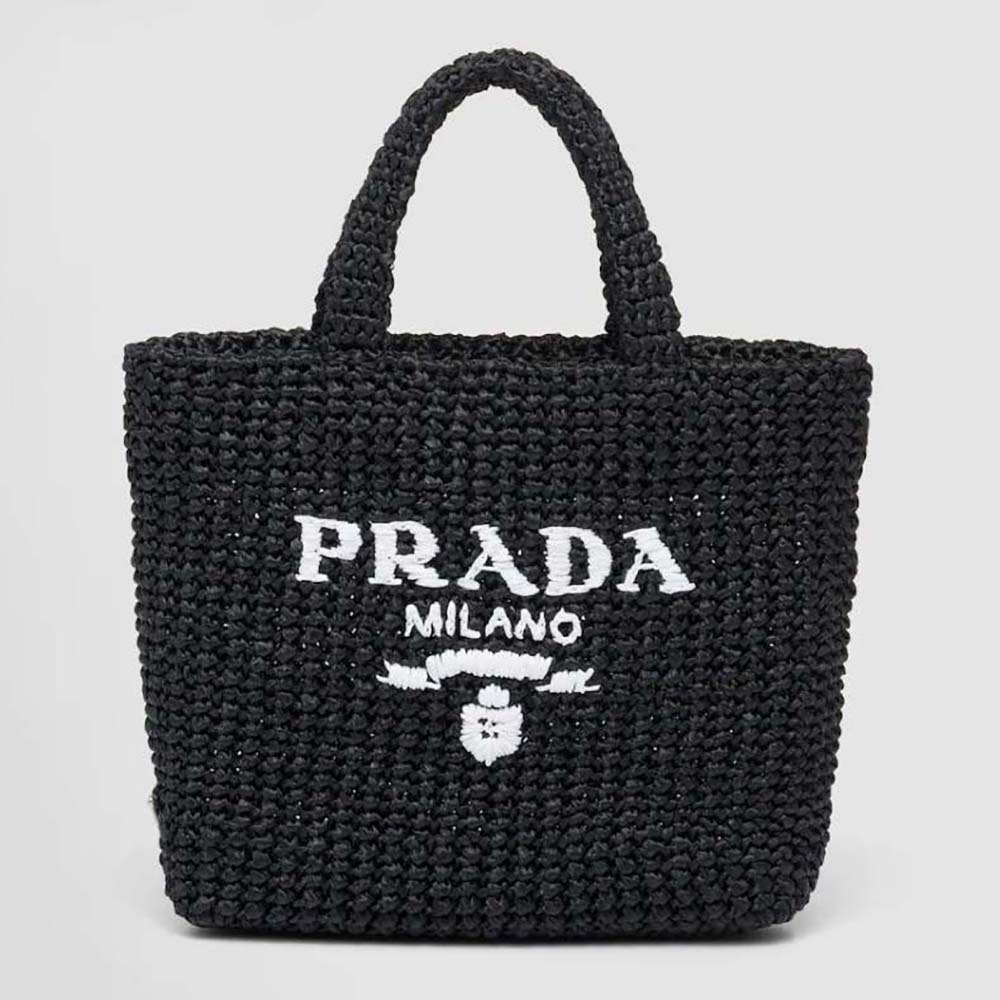 Front view of Prada Women Small Raffia Tote Bag-Black showcasing woven texture
