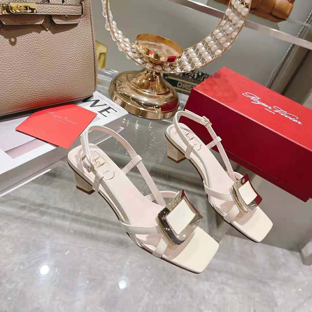 Top view highlighting glossy patent leather on Roger Vivier Women Belle Vivier Metal Buckle Sandals
