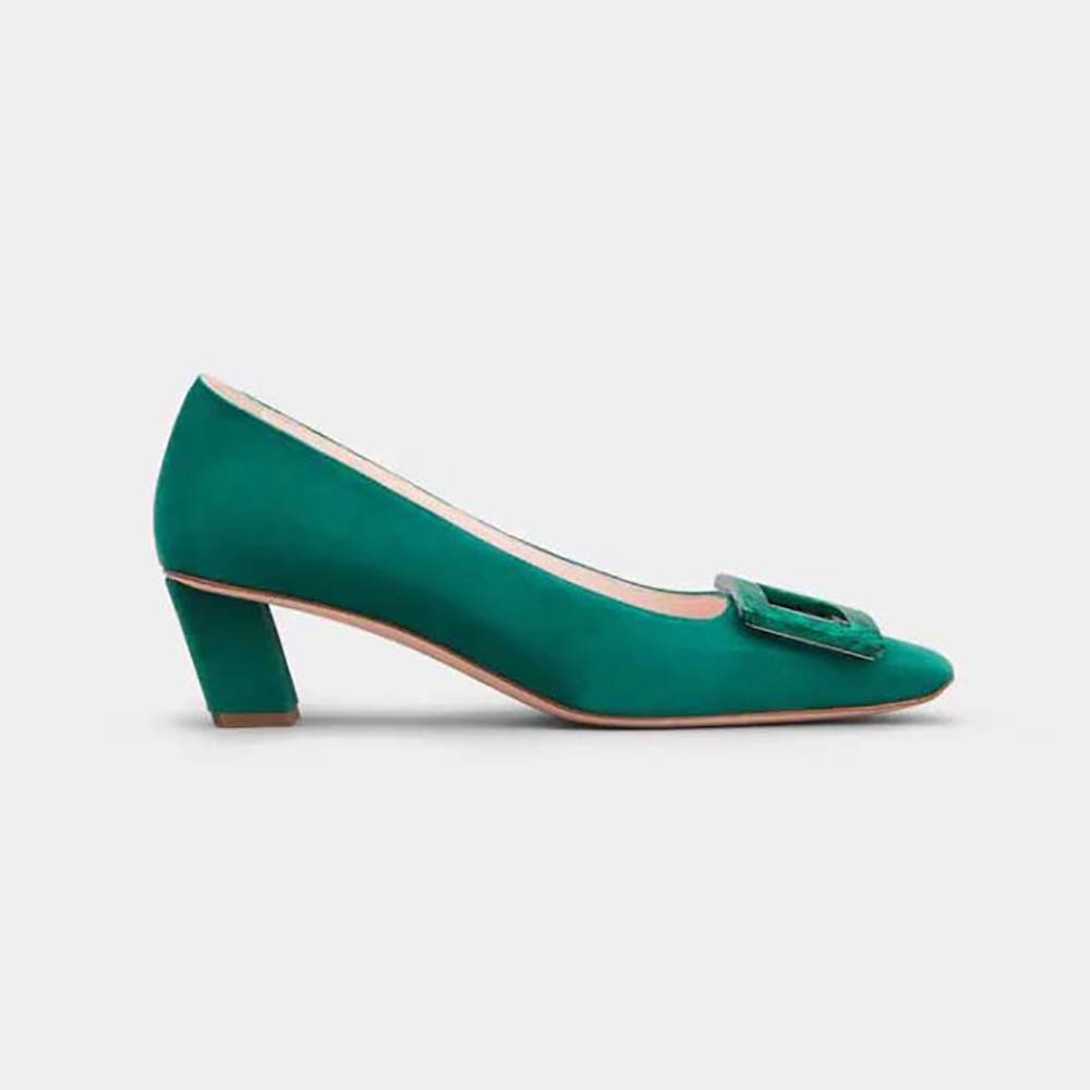 Side view of Roger Vivier Women Belle Vivier Stone Buckle Pumps in green suede
