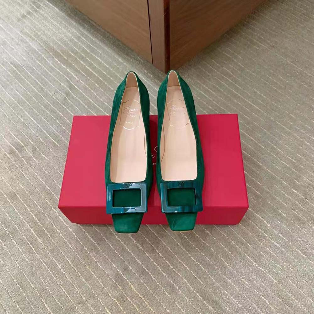 Close-up of signature crystal stone buckle on Roger Vivier Belle Vivier Pumps
