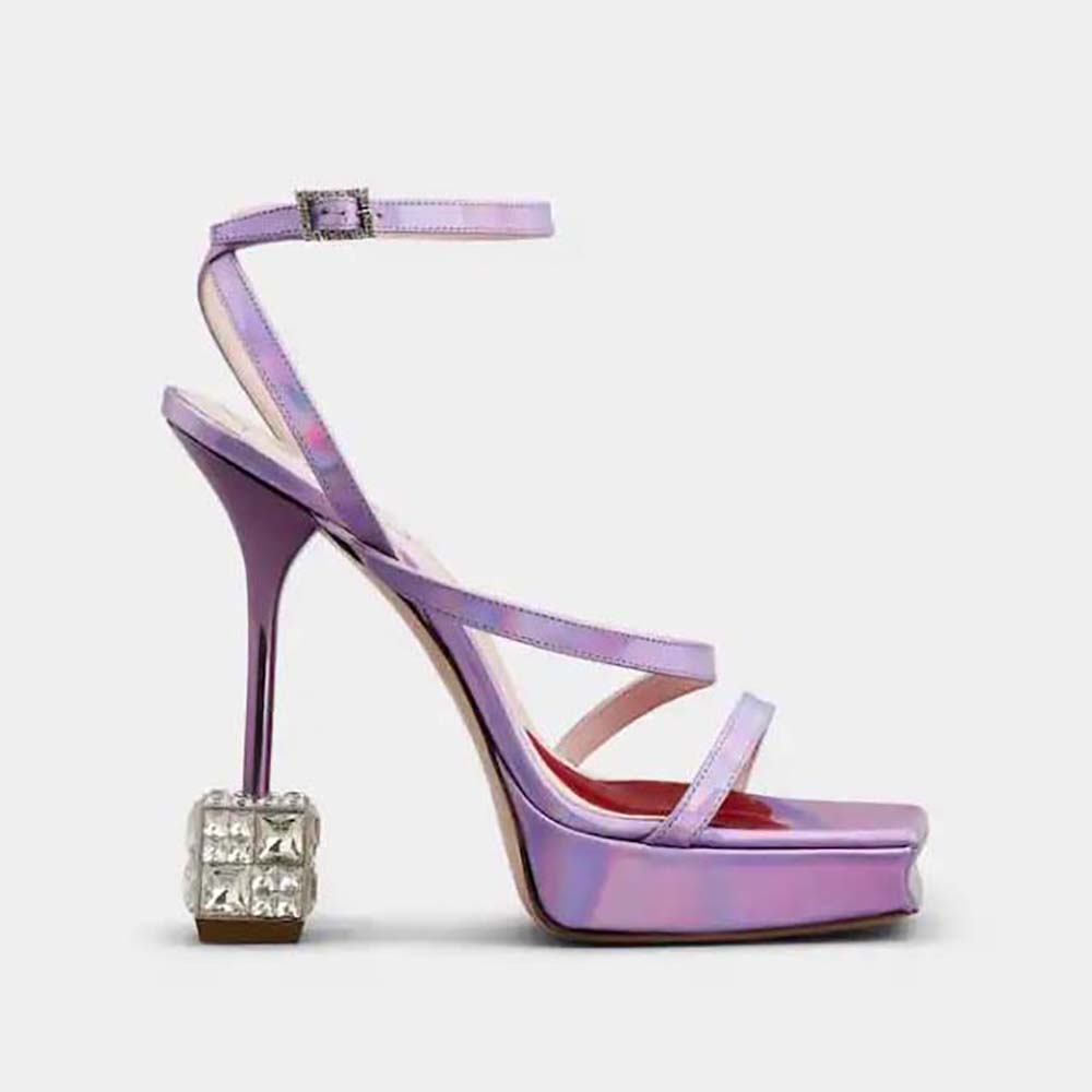 Side view of Roger Vivier Women Cube Strass Heel Sandals in Leather-Purple