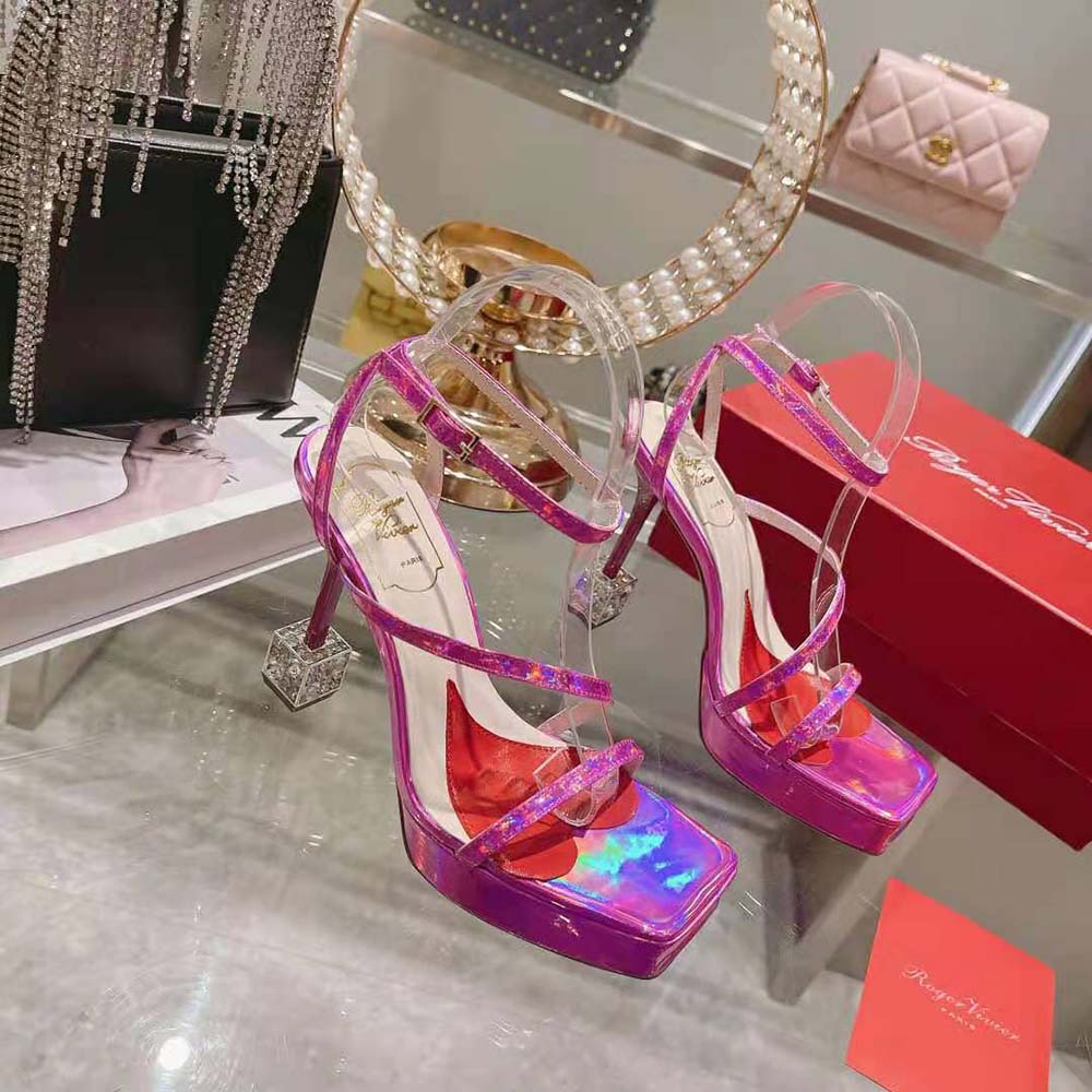 Close-up on glittering strass crystals on Roger Vivier Cube Strass Heel Sandals