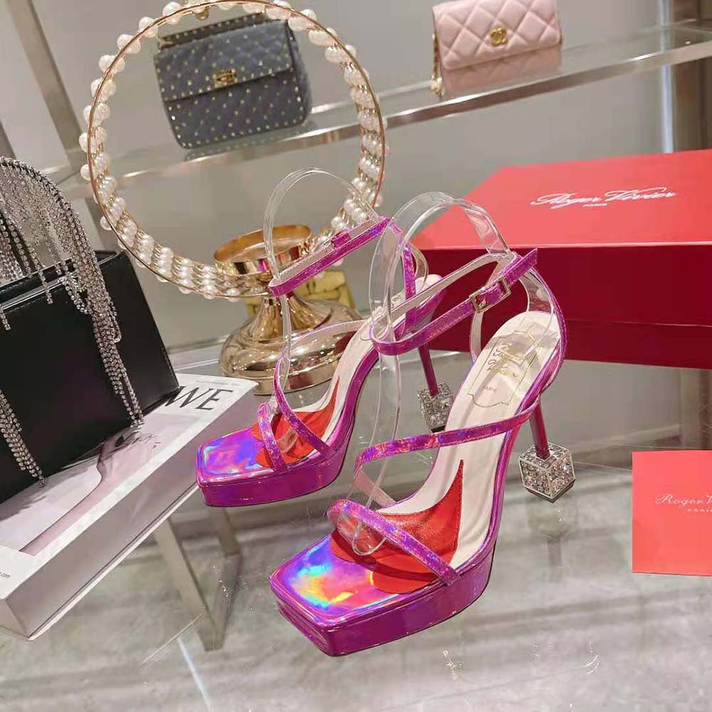Rear angle showcasing cube heel height of Roger Vivier Leather-Purple sandals