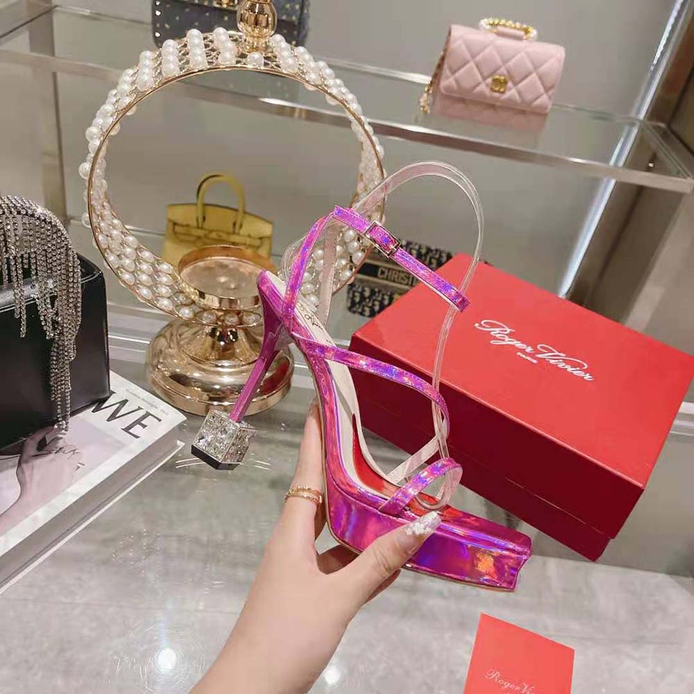 Roger Vivier Women Cube Strass Heel Sandals in Leather-Purple - image 7