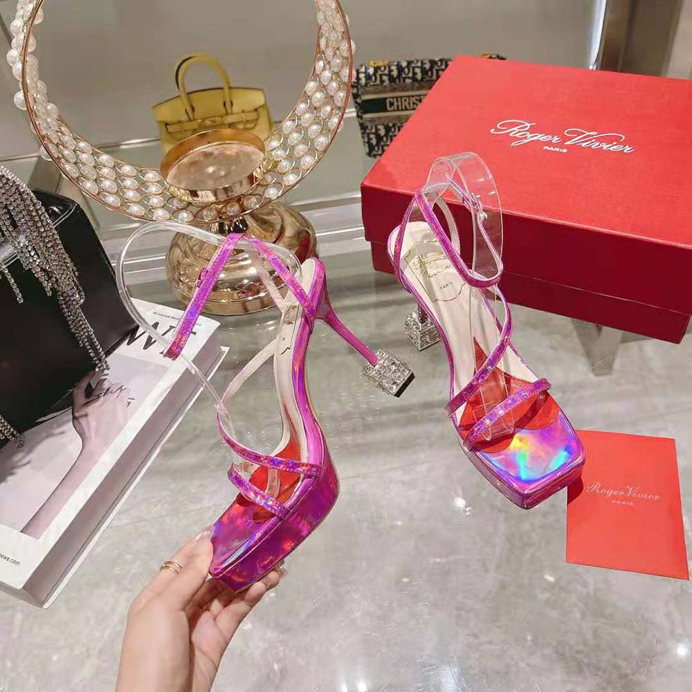 Roger Vivier Women Cube Strass Heel Sandals in Leather-Purple - image 5