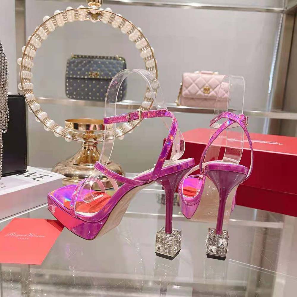 Roger Vivier Women Cube Strass Heel Sandals in Leather-Purple - image 4